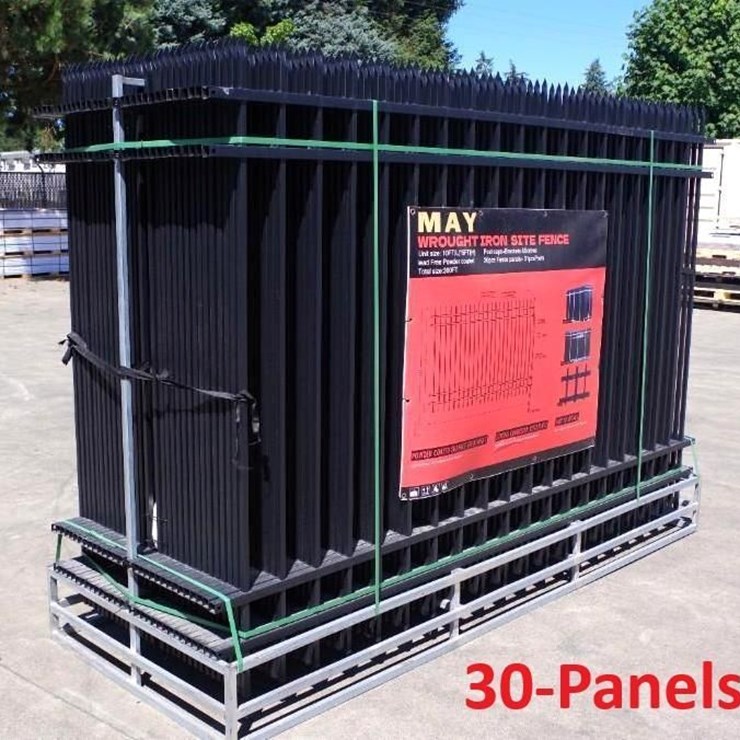 [30] MAY 9.5' x 6.25' Unleaded Powder Coated Wrought Iron Site Fence Panels w/ (31) Posts & Hardw...