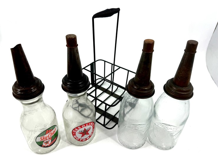 #1000-•-vintage-glass-oil-bottles-with-metal-carrier-image-1
