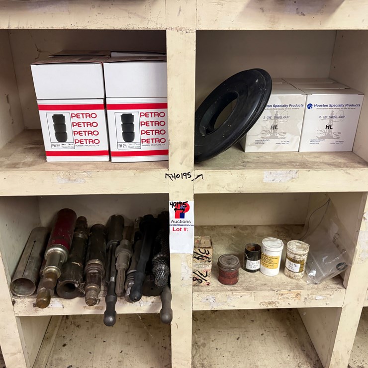 (4 bins) w/ sucker rod fishing tools; Overshots, swab mandrels, swab cups, etc.
