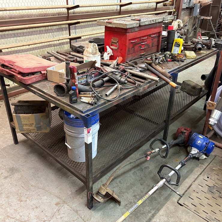 98” x 52” x 36” shop table w/ contents