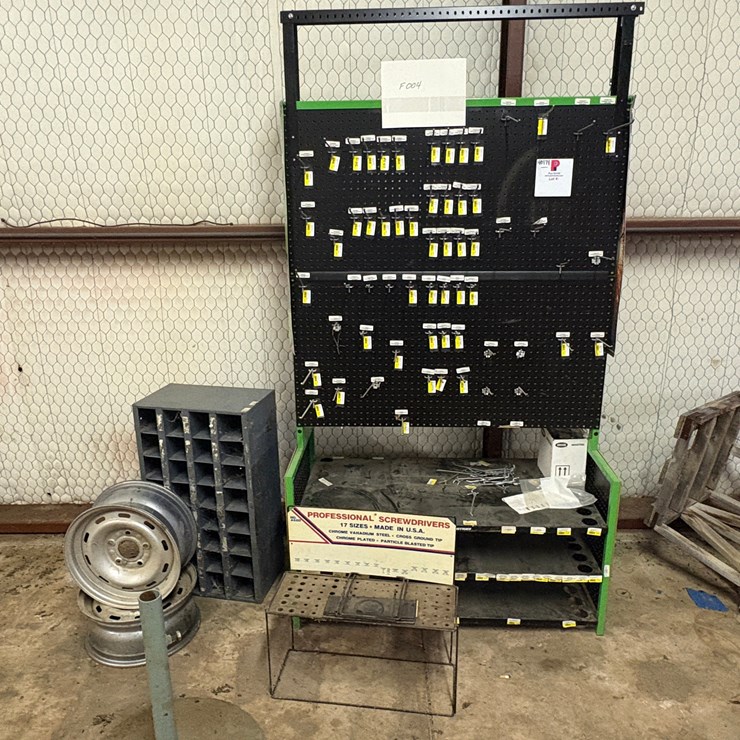 Display peg board, bolt bin, & (2) 5-lug wheels