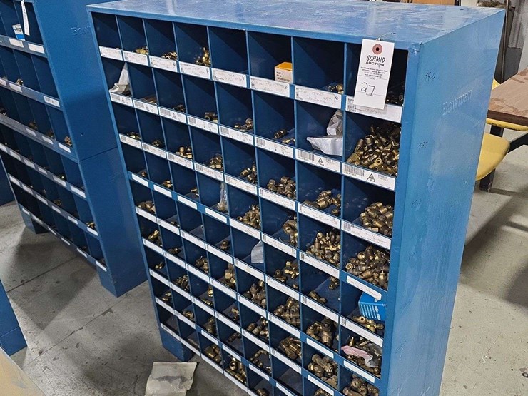 large-organizer-full-of-hardware,-35''-x-46''-tall,-72-slots,-large-assortment-of-smaller-brass-fittings,-all-thread,-caps,-connectors,-and-fittings-image-1
