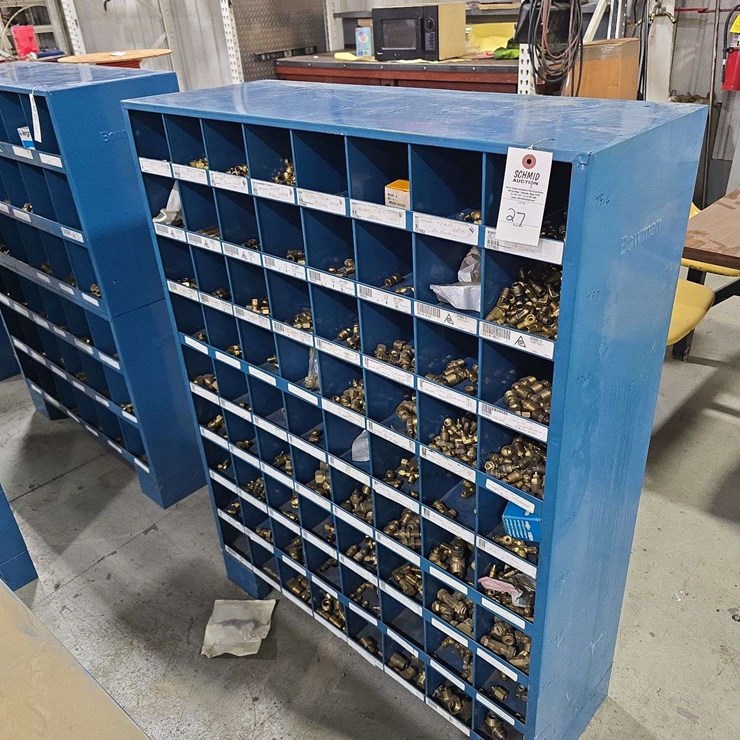 Large Organizer Full of Hardware, 35'' x 46'' Tall, 72 Slots, large assortment of smaller brass fittings, all thread, caps, connectors, and fittings