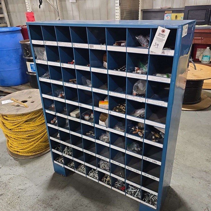 Large Organizer full of hardware, 35'' x 46'' tall, 72 slots, Air Fittings, Concrete Anchors, Brass Fittings