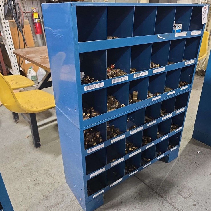 Large Organizer full of Hardware, 35'' x 46'' Tall, 36 slots, wider slots, all kinds of brass fittings, Elbows, and connectors