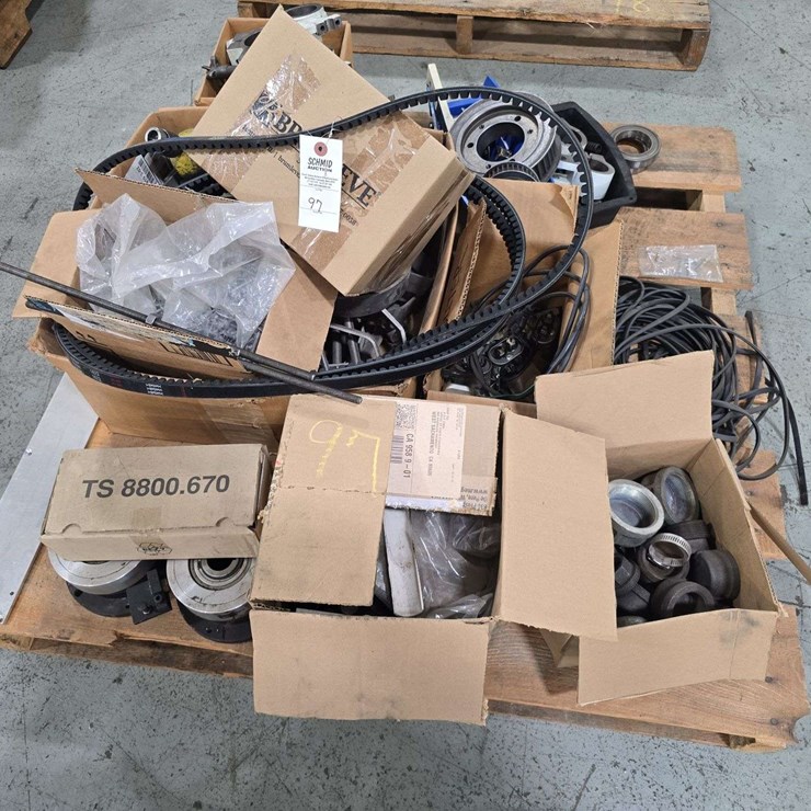 Pallet of bearing brackets, fittings, ends, belts, and misc