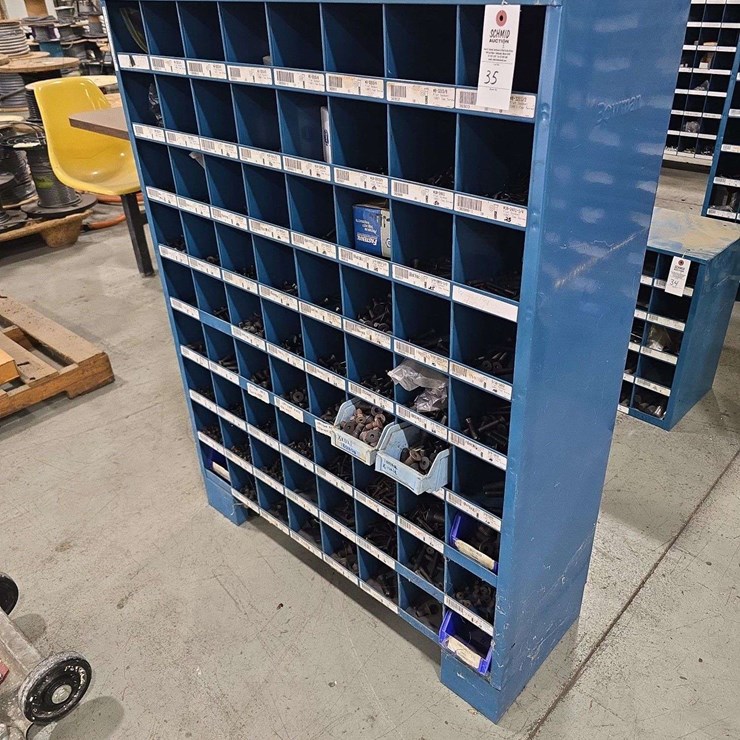 Large Organizer full of hardware, 35'' x 46'' tall, 72 slots, flat socket screws, cap screws, and bolts