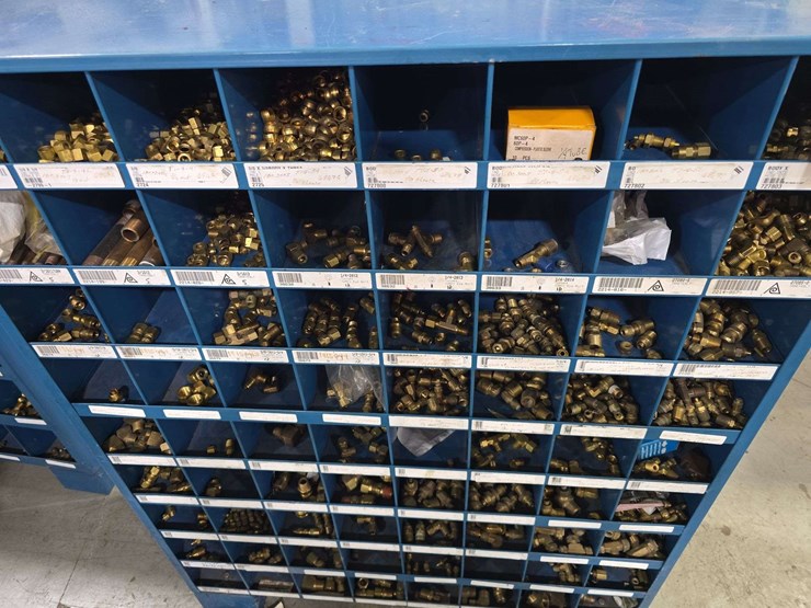large-organizer-full-of-hardware,-35''-x-46''-tall,-72-slots,-large-assortment-of-smaller-brass-fittings,-all-thread,-caps,-connectors,-and-fittings-image-5