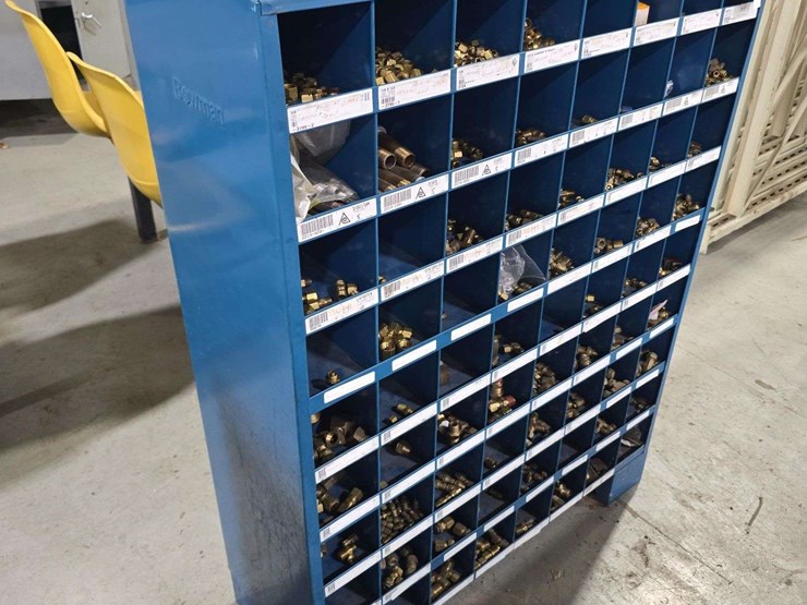 large-organizer-full-of-hardware,-35''-x-46''-tall,-72-slots,-large-assortment-of-smaller-brass-fittings,-all-thread,-caps,-connectors,-and-fittings-image-3