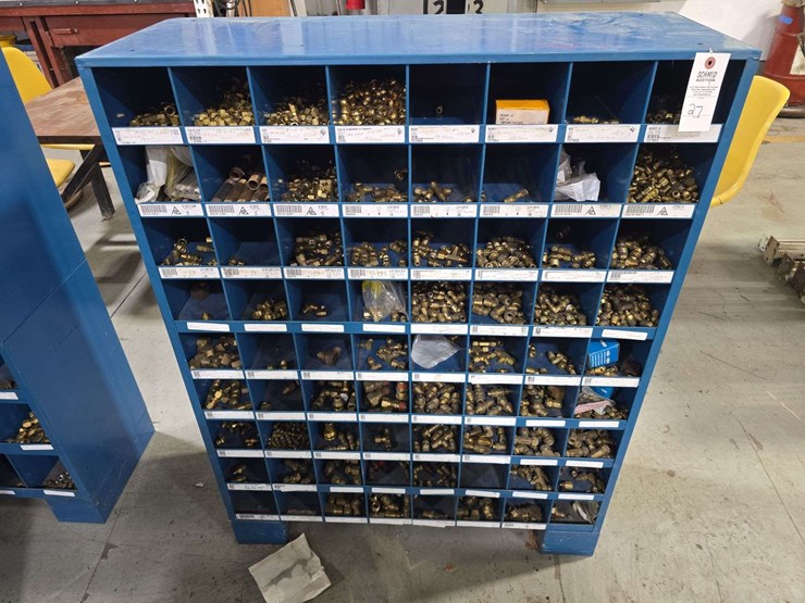 large-organizer-full-of-hardware,-35''-x-46''-tall,-72-slots,-large-assortment-of-smaller-brass-fittings,-all-thread,-caps,-connectors,-and-fittings-image-2