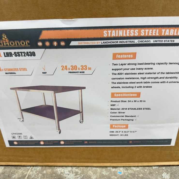 24” X 30” X 33” STAINLESS STEEL TABLE