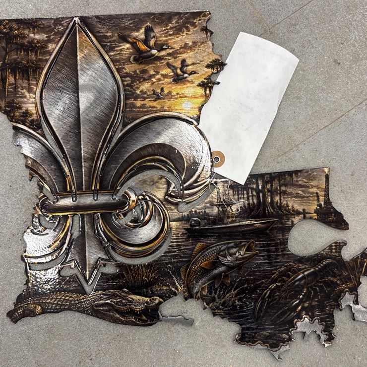 #7403 • 14IN LOUISIANA STATE METAL ART WITH GRAPHIC DESIGN
