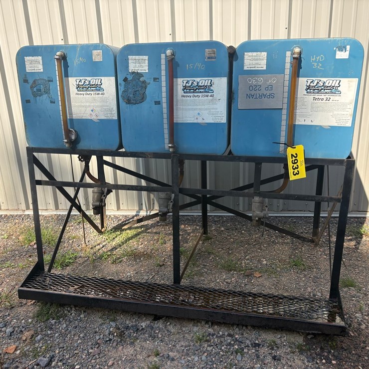 #2933 • (2) Oil Containers, (1) Hydraulic Container W/ Stand