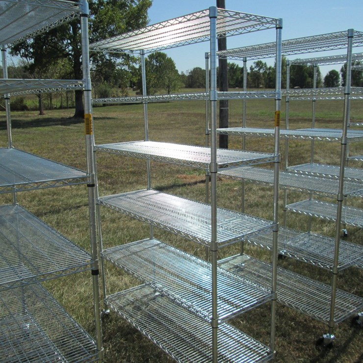 #50143 • Unused 4' Wide x 18" Deep x 76" Tall Silver Metal Rolling Shelf - 6 High INV#50143