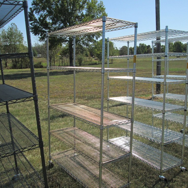 #50145 • Unused 4' Wide x 18" Deep x 76" Tall Silver Metal Rolling Shelf - 5 High INV#50145