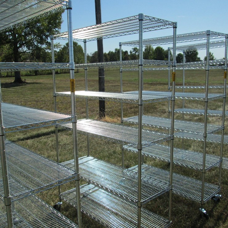 #50142 • Unused 4' Wide x 18" Deep x 76" Tall Silver Metal Rolling Shelf - 6 High INV#50142
