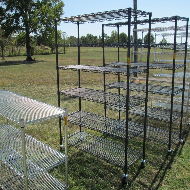 #50139 • Unused 4' Wide x 18" Deep x 76" Tall Black Metal Rolling Shelf - 6 High INV#50139