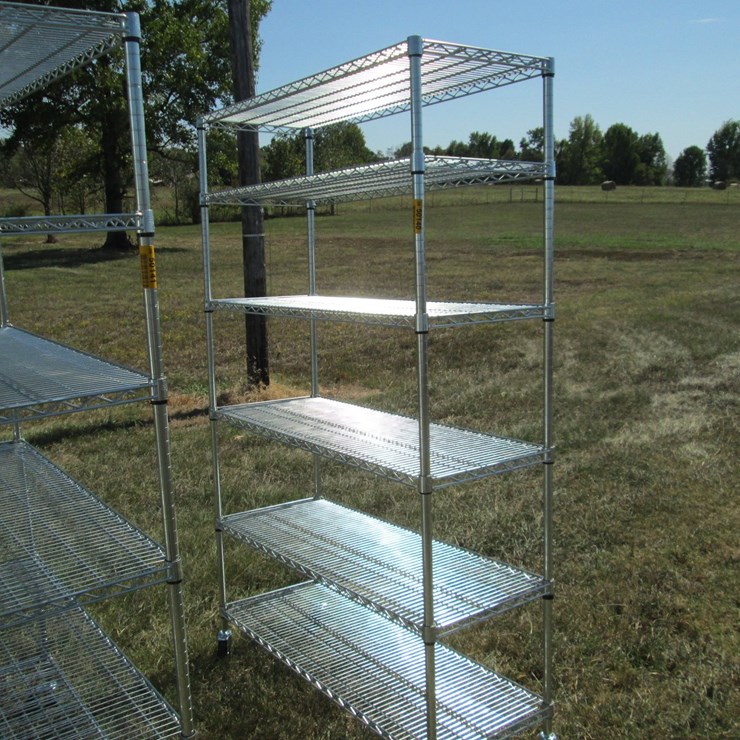 #50140 • Unused 4' Wide x 18" Deep x 76" Tall Silver Metal Rolling Shelf - 6 High INV#50140