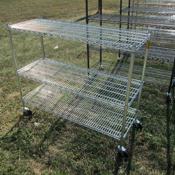#50146 • Unused 4' Wide x 18" Deep x 40" Tall Silver Metal Rolling Shelf - 3 High INV#50146
