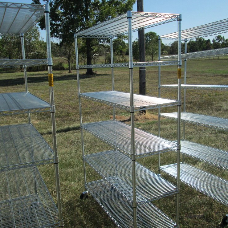 #50141 • Unused 4' Wide x 18" Deep x 76" Tall Silver Metal Rolling Shelf - 6 High INV#50141