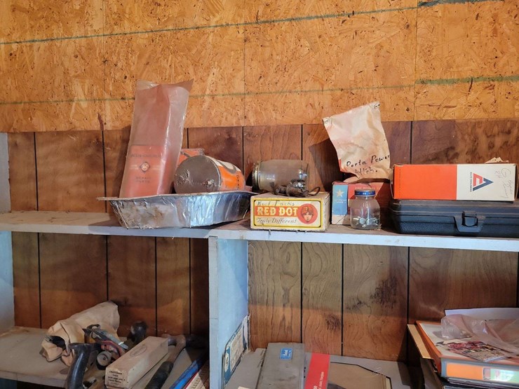 shop-contents-lot-with-metal-workbench,-hand-tools,-automotive-parts,-hardware,-and-signage-image-2