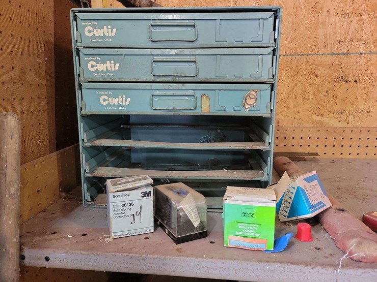 shop-shelf-contents-including-curtis-small-parts-cabinet,-calculator,-hardware,-and-miscellaneous-tools-image-2