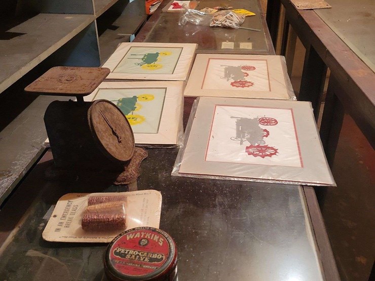 framed-tractor-art-prints,-scale,-watkins-salve-tin,-and-assorted-collectibles-image-1