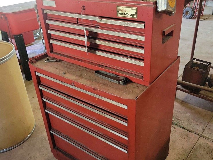 home-tool-storage-red-rolling-tool-chest-and-top-box-with-assorted-hand-tools-image-1