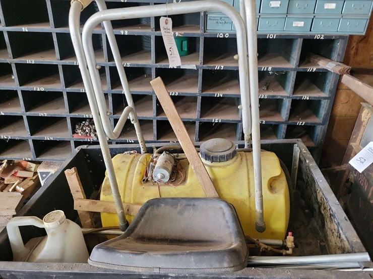 sprayer-unit-with-tank,-pump,-and-seat-assembly-plus-bucket-of-hardware-image-1