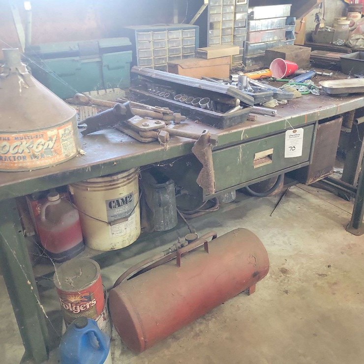 Metal Workbenches with Integrated Storage and Assorted Automotive Tools