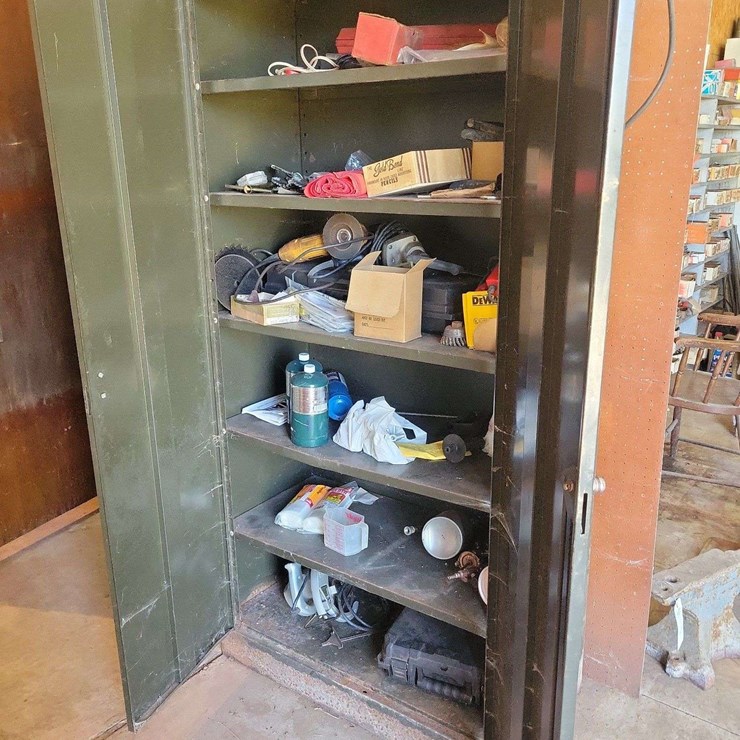 Metal Storage Cabinet with Assorted Tools and Shop Supplies