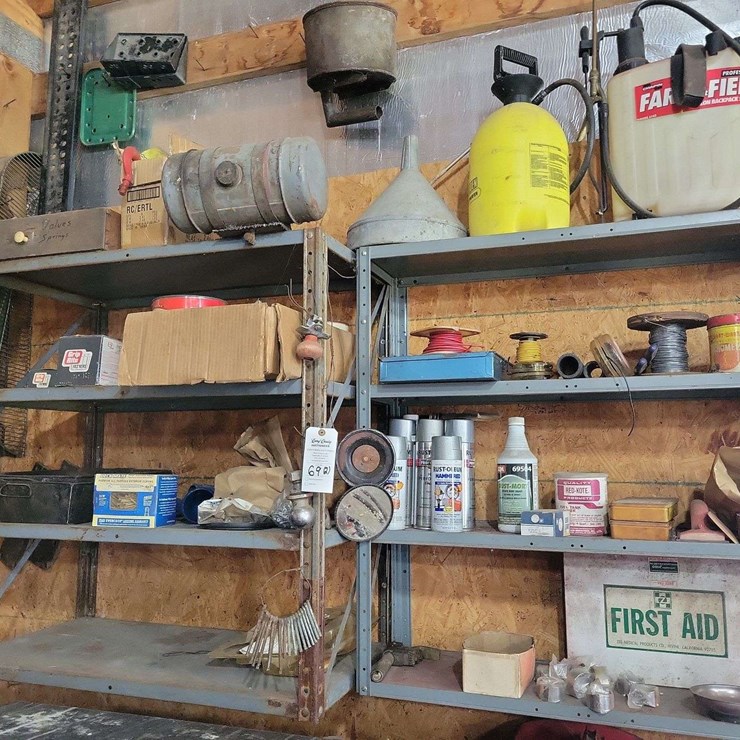 Shop Shelving Unit Contents Lot Including Hardware Sprayers and Automotive Supplies