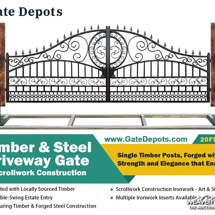 2026 8 FT. X 20 FT. (Incl Posts) Timber & Steel Decorative Entry Gate Unused