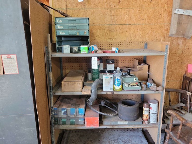 shop-shelf-contents-including-curtis-small-parts-cabinet,-calculator,-hardware,-and-miscellaneous-tools-image-1