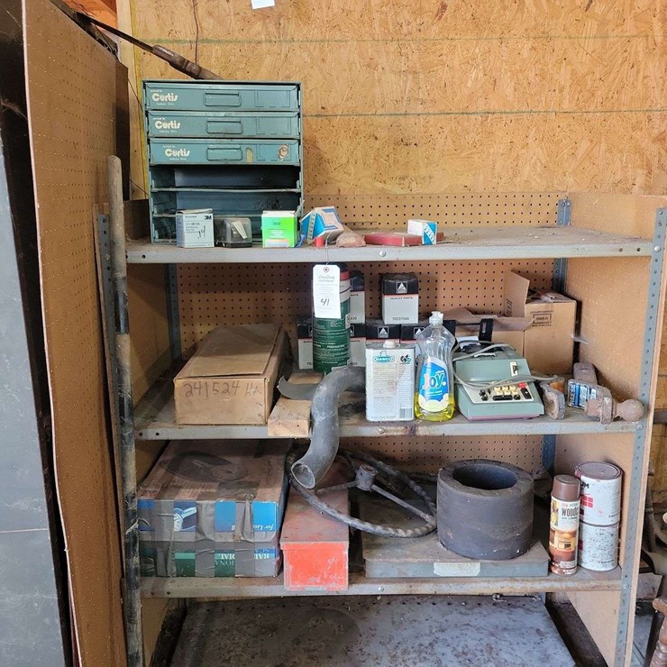 Shop Shelf Contents Including Curtis Small Parts Cabinet, Calculator, Hardware, and Miscellaneous Tools
