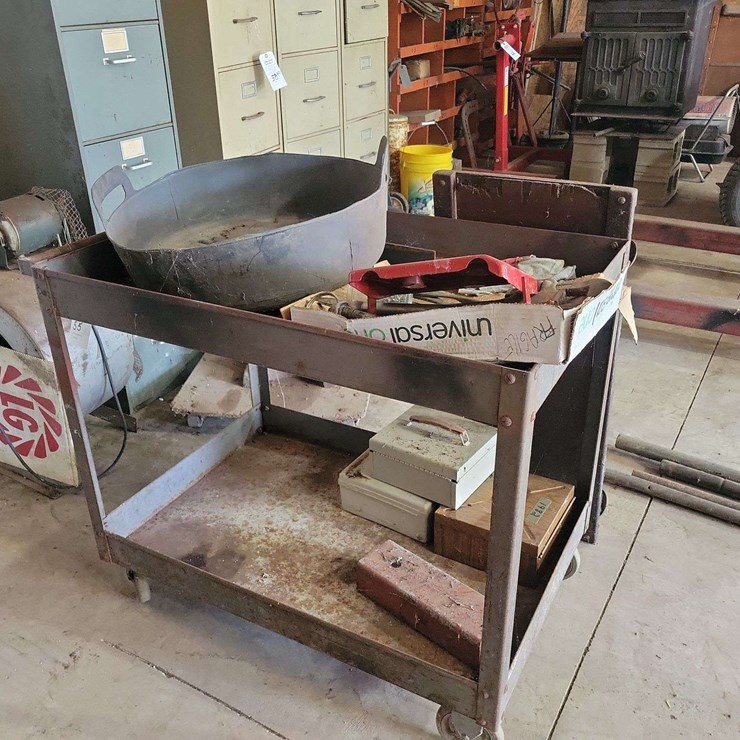 Rolling Metal Utility Cart with Assorted Hand Tools and Metal Basin