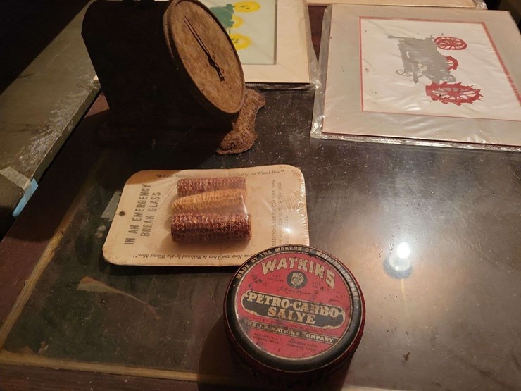 framed-tractor-art-prints,-scale,-watkins-salve-tin,-and-assorted-collectibles-image-4