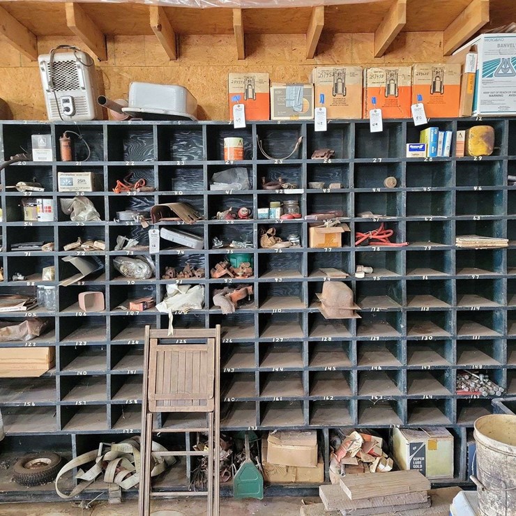 Large Wooden Workshop Parts Storage Cubby Unit with Assorted Hardware and Supplies