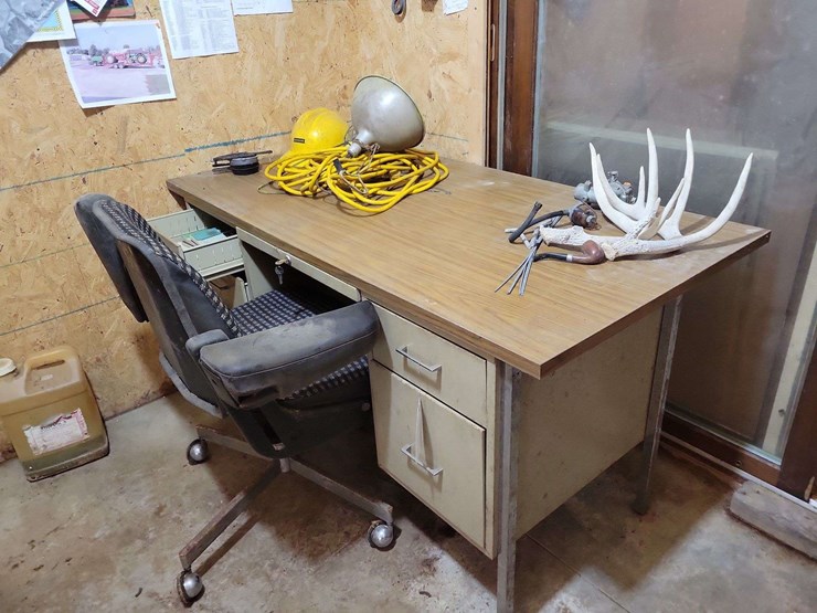 metal-office-desk-with-rolling-chair-and-drawer-contents-image-1