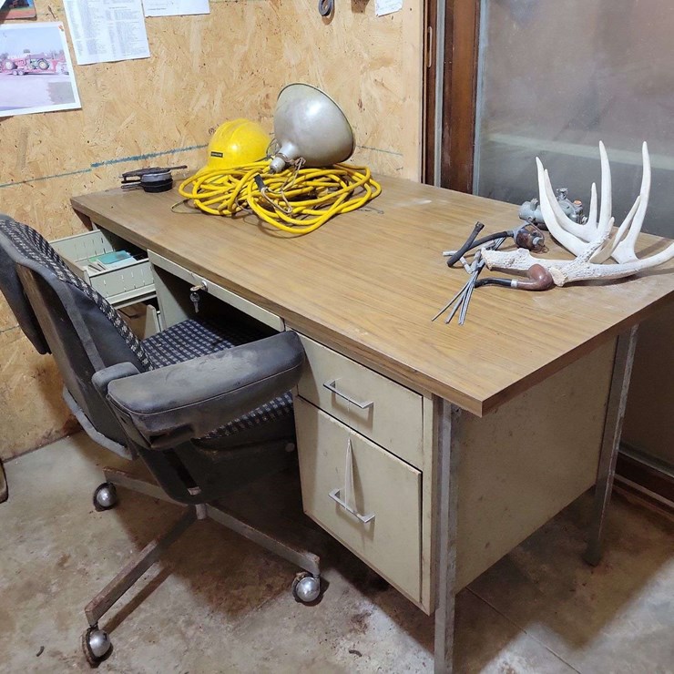 Metal Office Desk with Rolling Chair and Drawer Contents