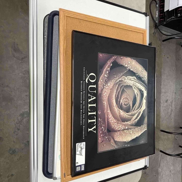 White, cork, and fabric boards. picture frames