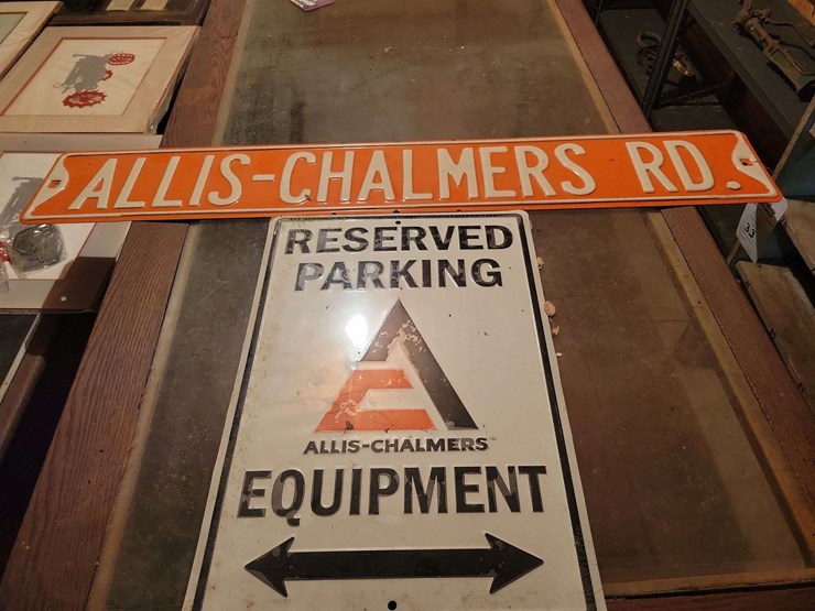 two-allis-chalmers-metal-signs:-reserved-parking-equipment-and-allis-chalmers-rd-street-sign-image-1