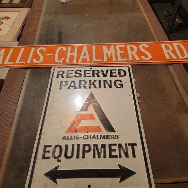 Two Allis-Chalmers Metal Signs: Reserved Parking Equipment and Allis-Chalmers Rd Street Sign