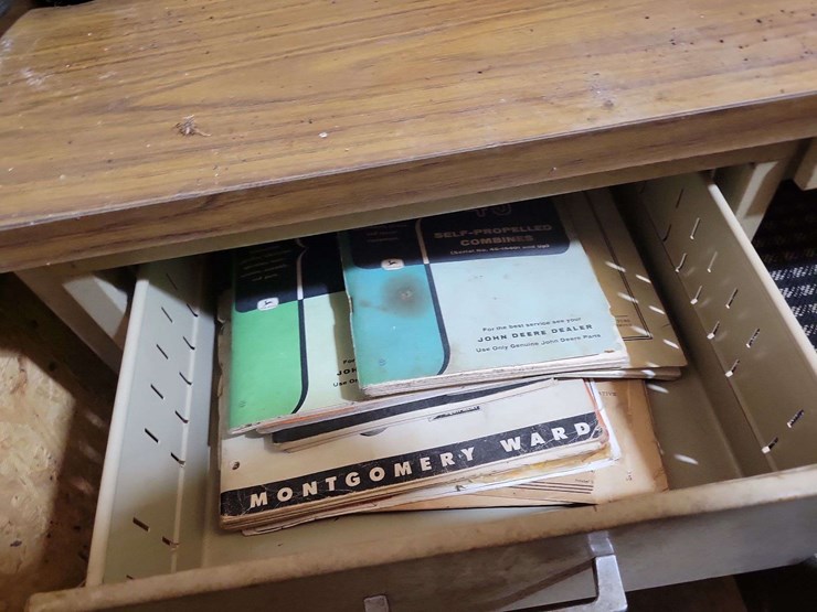 metal-office-desk-with-rolling-chair-and-drawer-contents-image-3