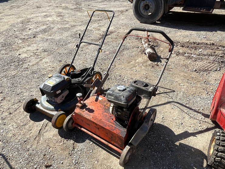 #1845-•-craftsman-gas-powered-push-mower-and-husqvarna-walk-behind-leaf-thatcher-for-parts-only-image-1