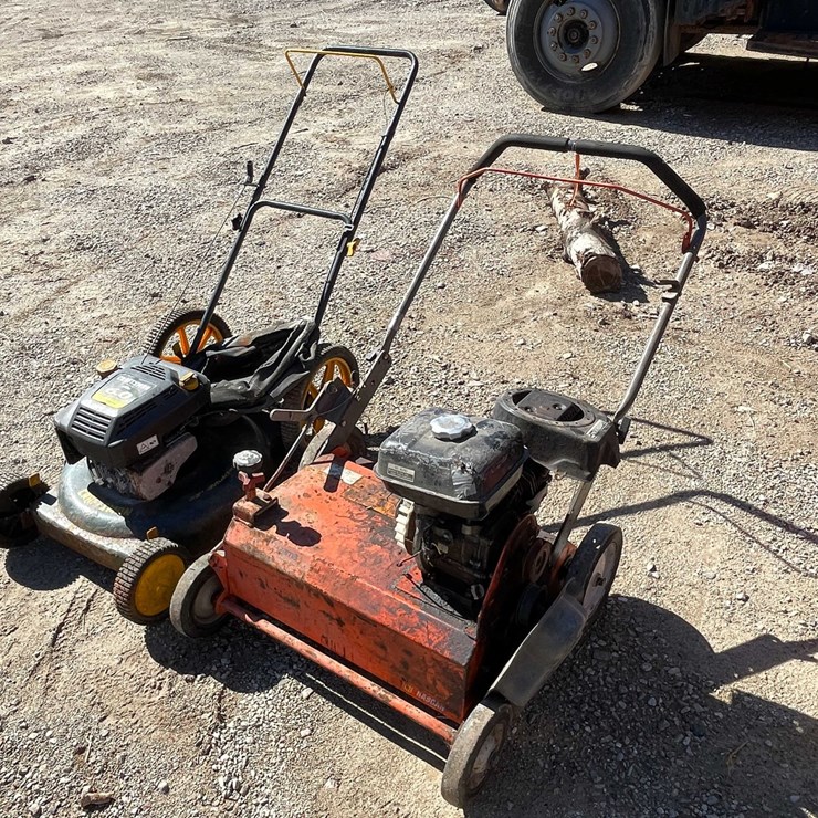 #1845 • Craftsman Gas Powered Push Mower and Husqvarna Walk Behind Leaf Thatcher for Parts Only