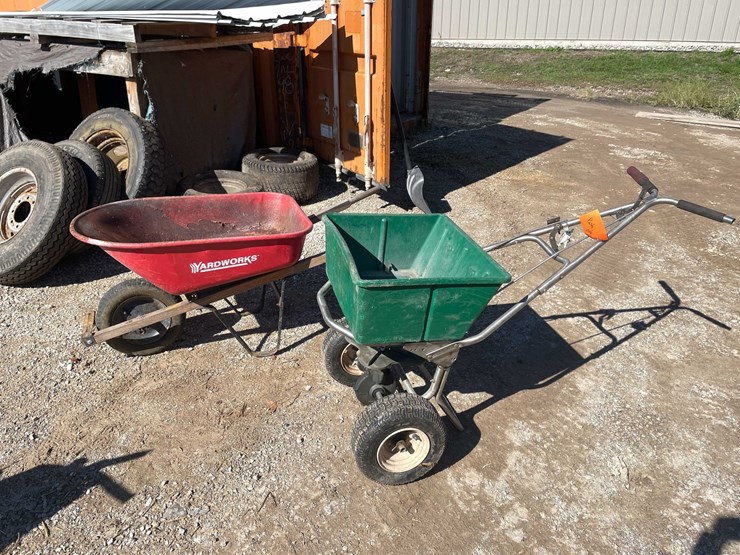 #1843-•-poly-seed-spreader-and-yardworks-metal-wheelbarrow-image-1