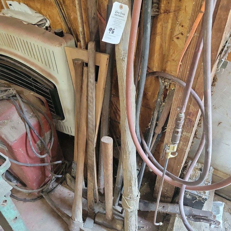 Assorted Long Handled Tools and Air Hoses