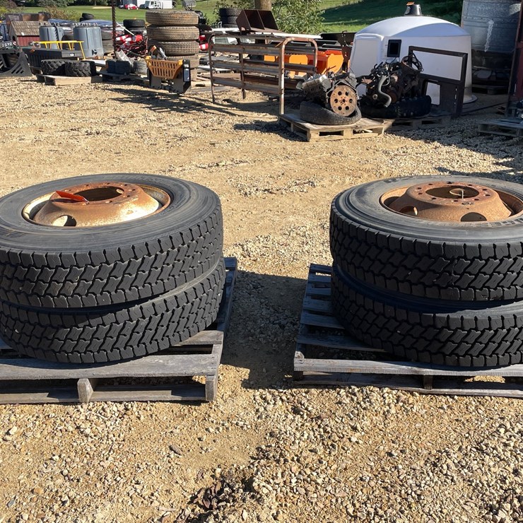 #3021 • (4) 295/75R22.5 Semi Drive Tires and Rims