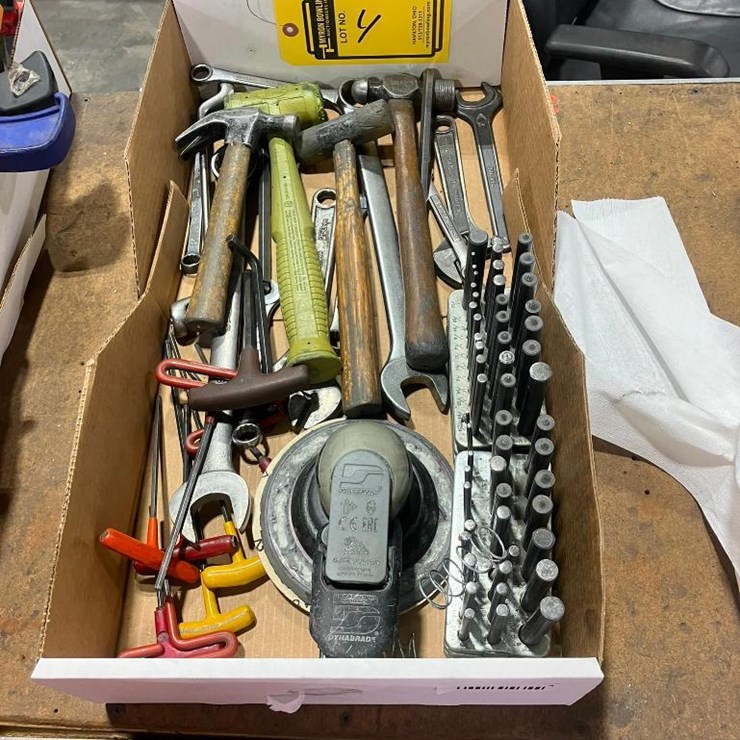 ASSORTED HAND TOOLS, WRENCHES, HAMMERS, PUNCHES, PNEUMATIC DISC SANDER